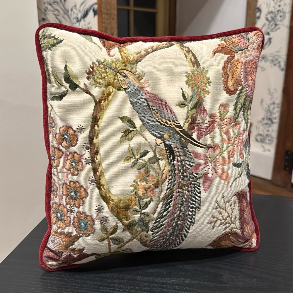 Vintage Tapestry Pillow 12”x12” – Bird & Floral Design w/ Wine Velvet Back